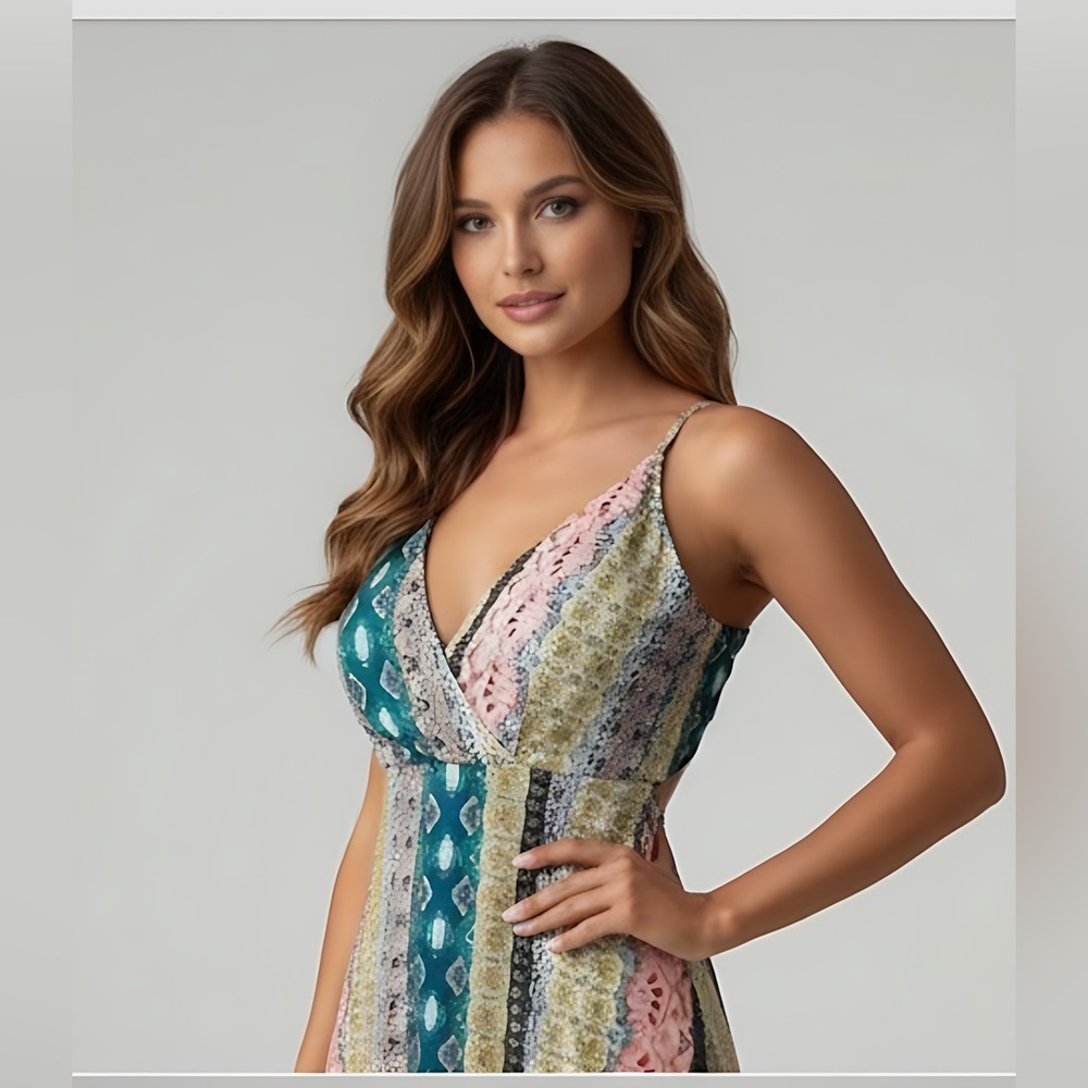 Boho Floral & Geo Print Backless Wrap Split Thigh Dress. - Picture 4 of 12